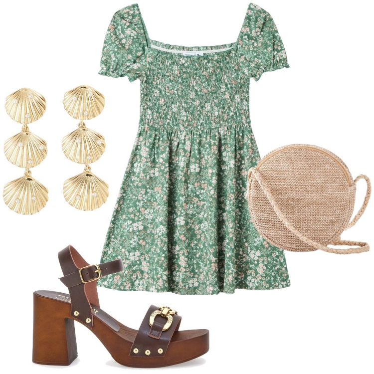 Outfit donna - L\'abitino a fiori verde salvia. Stile Casual chic per Tutti i giorni. Abbinamento con borse a tracolla, orecchini, vestiti corti, zoccoli.
