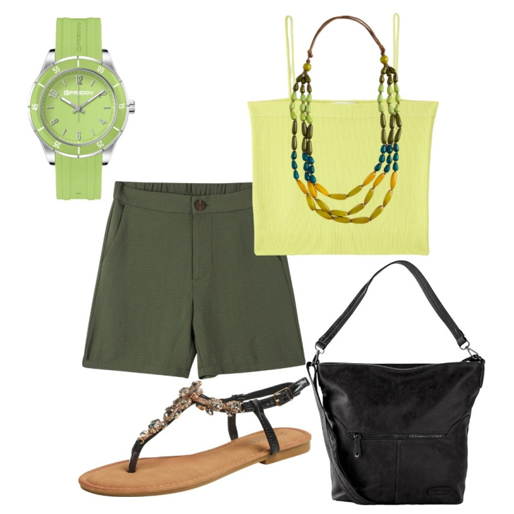 Outfit donna - Verde lime & militare. Stile Chic per Tutti i giorni. Abbinamento con borse a tracolla, canottiere, bermuda, sandali gioiello, orologi, collane.