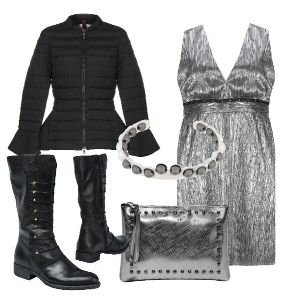 Outfit donna - Argentata per la sera. Stile Trendy per Serata fuori. Abbinamento con stivali con borchie e tacco squadrato con zip interno in pelle con punta tonda pianta larga in pelle tinta unita, vestito, giubbino, bracciale con perle in ottone, pochette con borchie taglia media con zip.