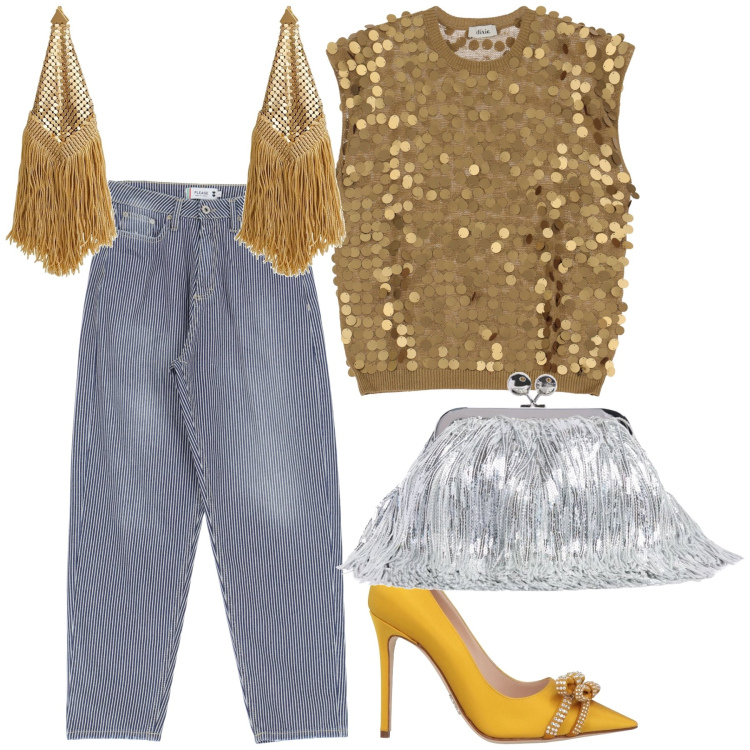 Outfit donna - Aperitivo con frange oro e argento. Stile Glamour per Serata fuori. Abbinamento con décolleté, orecchini, jeans mom, top, pochette.