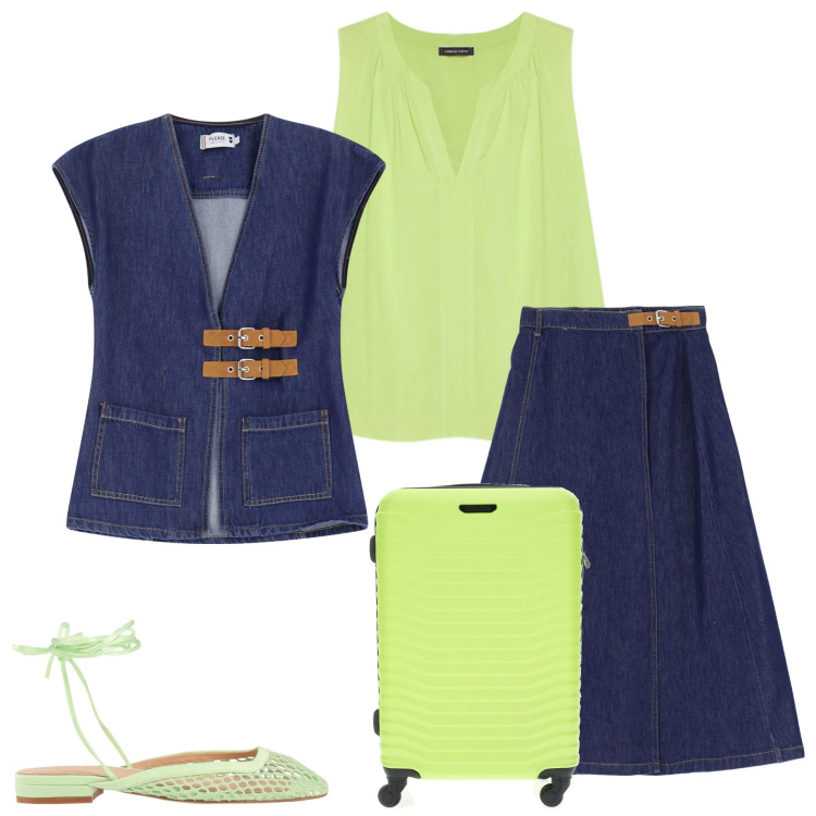Outfit donna - Completo in jeans per il viaggio. Stile Casual chic per Serata fuori. Abbinamento con ballerine, gonne lunghe, gilet, top, valigie.