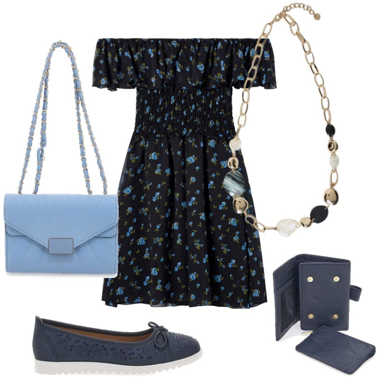 Outfit donna - Un gelato con le amiche. Stile Romantica per Tutti i giorni. Abbinamento con vestiti corti, ballerine, portafogli, collane, borse a tracolla.