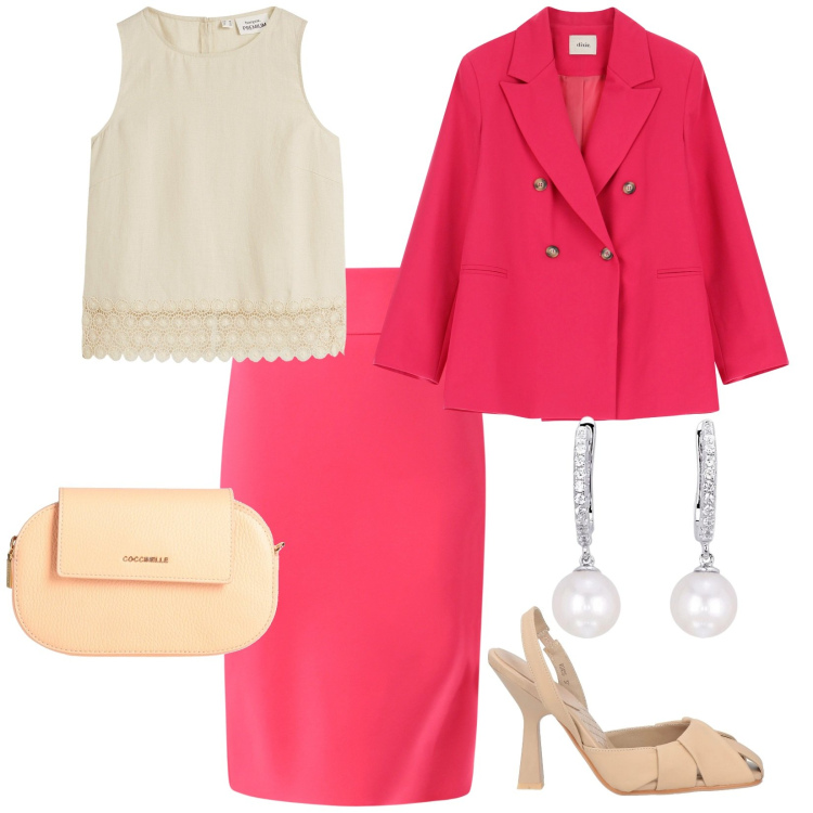 Outfit donna - Un \' importante riunione di lavoro. per Ufficio. Abbinamento con top, décolleté, borse a mano, orecchini, gonne, blazer.