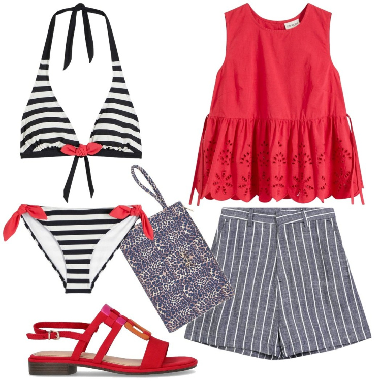Outfit donna - Festa bordo piscina. Stile Casual chic per Serata fuori. Abbinamento con top, bikini, bermuda, sandali, pochette.