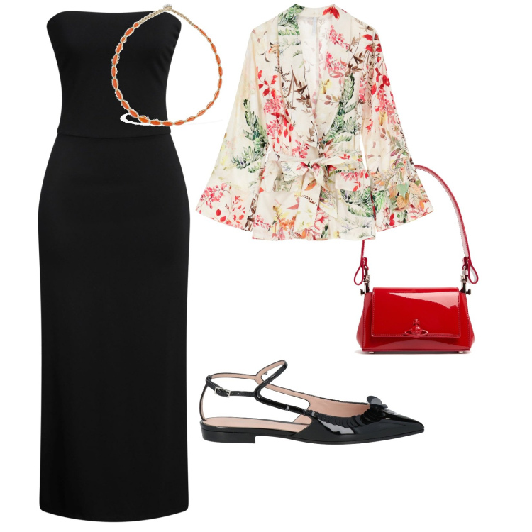 Outfit donna - Un semplice abito nero. per Serata fuori. Abbinamento con vestiti midi/longuette, ballerine, blazer, collane, borse a spalla.