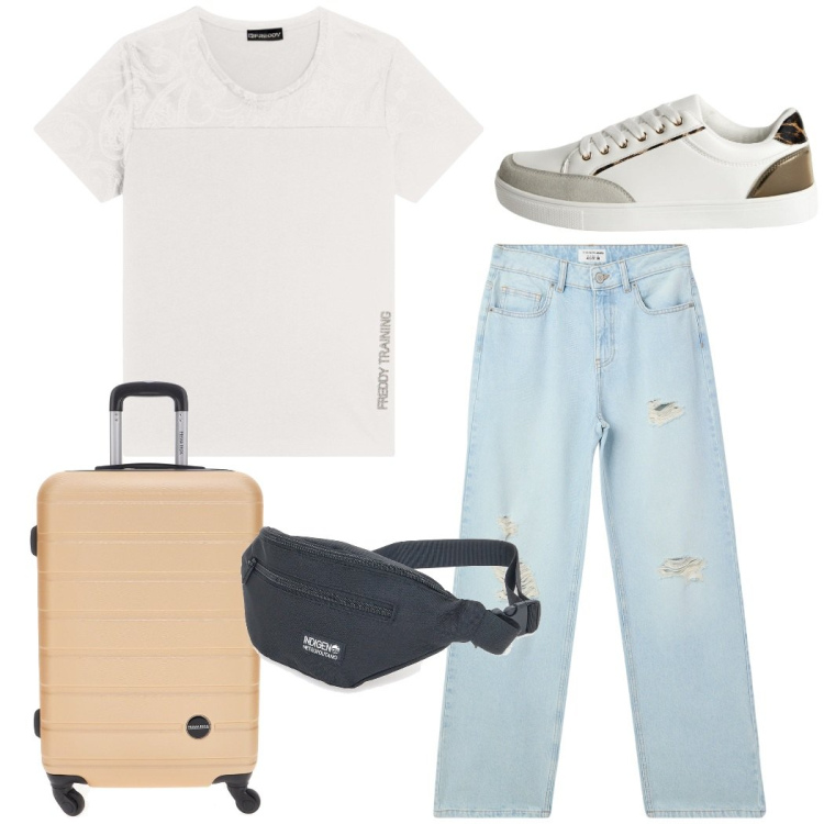 Outfit donna - Travel basic. Stile Basic per Tutti i giorni. Abbinamento con sneakers, jeans strappati, t-shirt, valigie, marsupi.