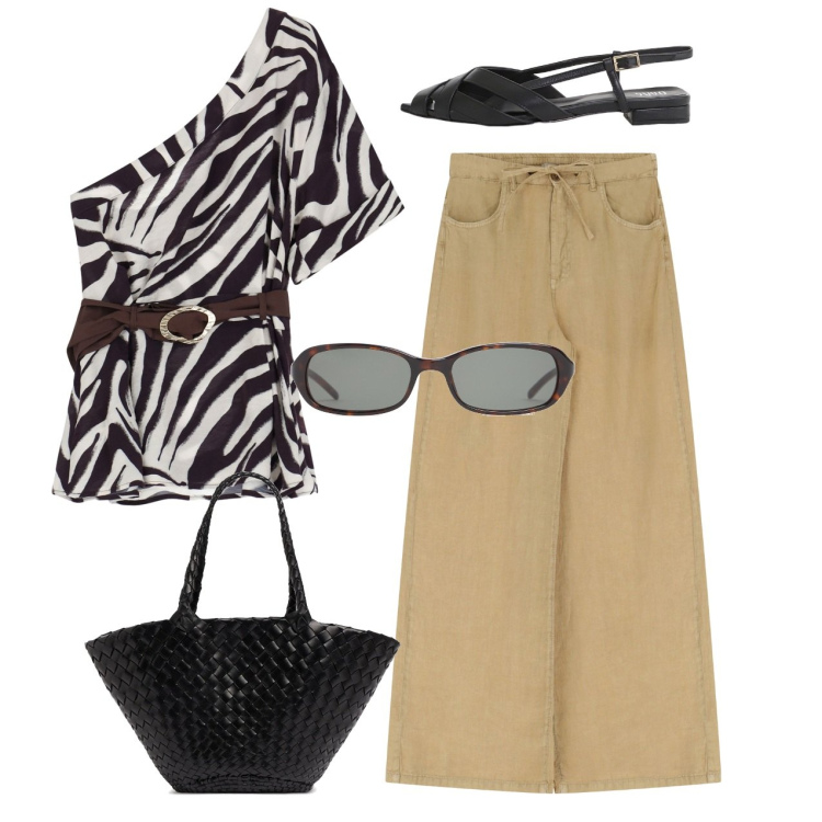 Outfit donna - Zebrata. Stile Chic per Tutti i giorni. Abbinamento con top, sandali, pantaloni, shopping bag, occhiali da sole.