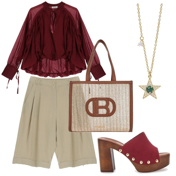 Outfit donna - La blusa BOHO. Stile Boho per Tutti i giorni. Abbinamento con collane, bermuda, bluse, borse a spalla, zoccoli.