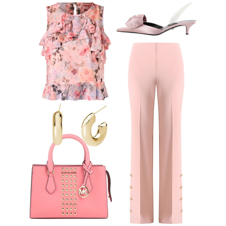 Outfit donna - Cerimonia in rosa. Stile Chic per Cerimonia. Abbinamento con borse a mano, décolleté, pantaloni a palazzo, top, orecchini.