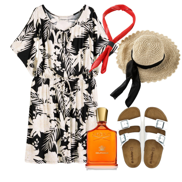 Outfit donna - Giugno. Stile Romantica per Tutti i giorni. Abbinamento con cappelli, vestiti, profumi, foulard, ciabatte.