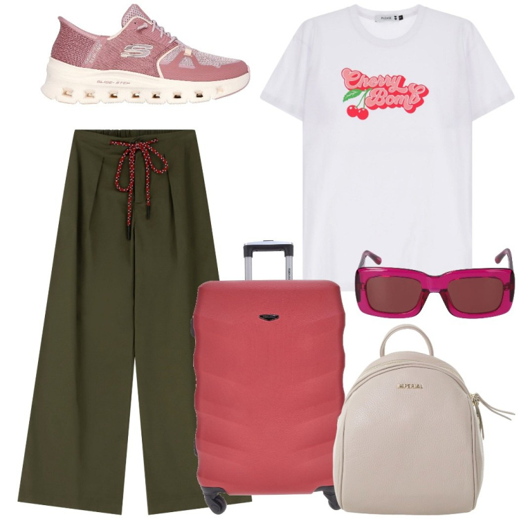 Outfit donna - In viaggio. Stile Casual per Tutti i giorni. Abbinamento con t-shirt, zaini, pantaloni, valigie, sneakers, occhiali da sole.