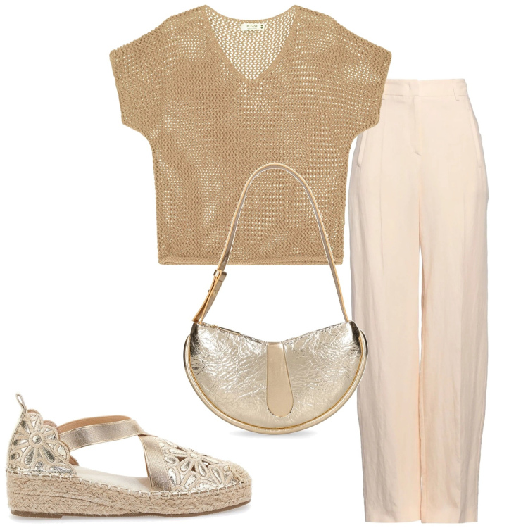 Outfit donna - Sfumature dorate. Stile Casual chic per Tutti i giorni. Abbinamento con pantaloni, maglieria, borse a spalla, espadrillas.