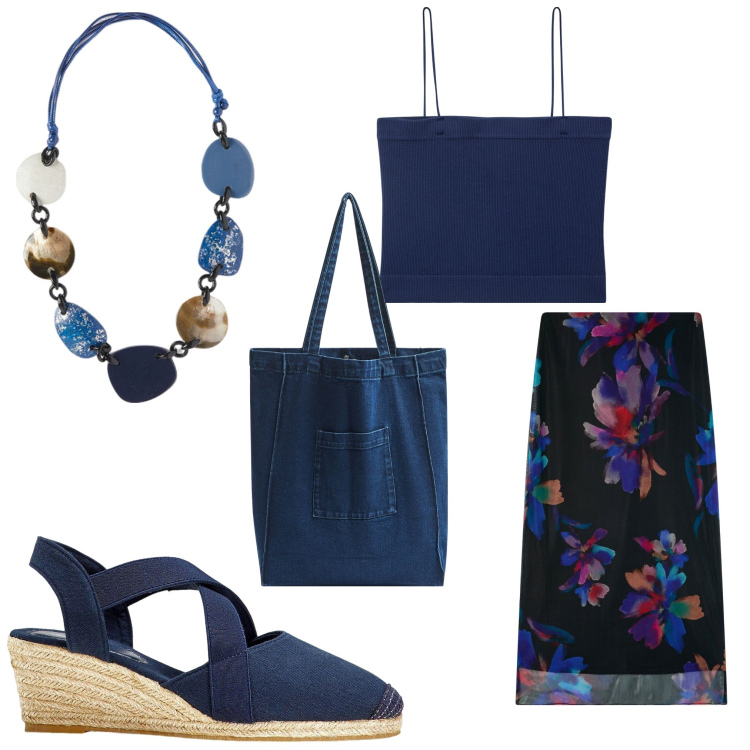 Outfit donna - Fiori e blu. Stile Casual chic per Tutti i giorni. Abbinamento con sandali col tacco, gonne lunghe, canottiere, shopping bag, collane.