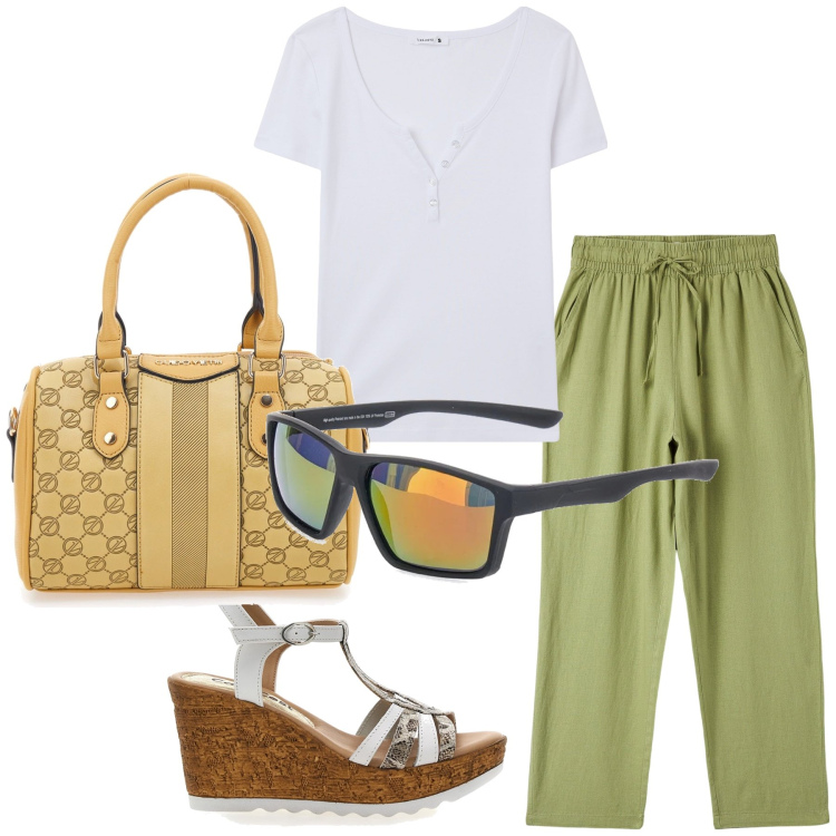 Outfit donna - This morning. Stile Casual per Tutti i giorni. Abbinamento con t-shirt, pantaloni, borse a spalla, zeppe, occhiali da sole.