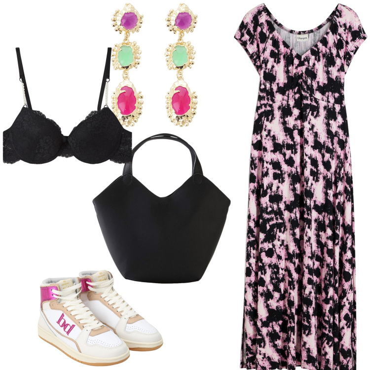 Outfit donna - Orecchini e sneakers. Stile Trendy per Tutti i giorni. Abbinamento con borse a mano, vestiti midi/longuette, reggiseni a balconcino, sneakers alte, orecchini.