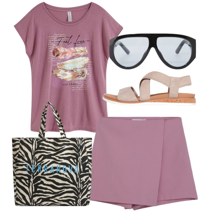 Outfit donna - Sicura. Stile Casual chic per Tutti i giorni. Abbinamento con t-shirt, borse tote, minigonne, occhiali da sole, sandali col tacco.