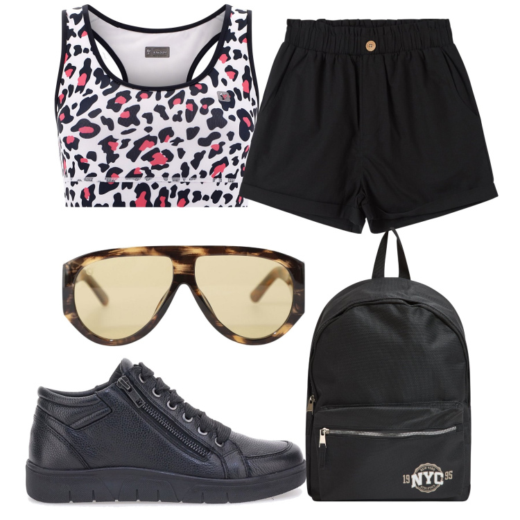Outfit donna - Animalier in palestra. Stile Trendy per Sport. Abbinamento con pantaloni corti, zaini, occhiali da sole, reggiseni, sneakers.