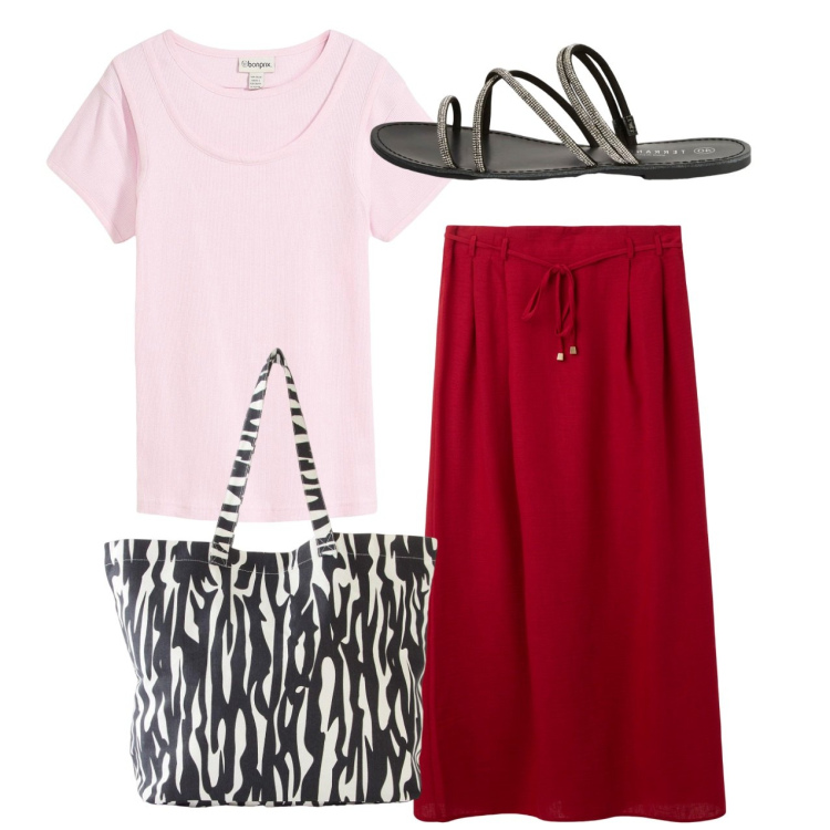 Outfit donna - Estate. Stile Bon Ton per Tutti i giorni. Abbinamento con shopping bag, t-shirt, gonne lunghe, sandali.