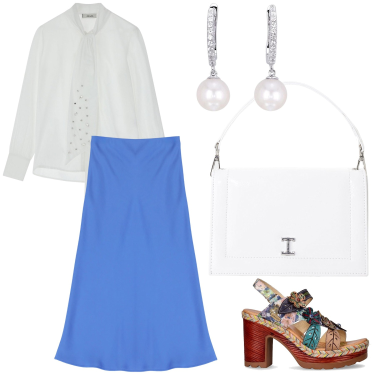 Outfit donna - Sandali particolari. Stile Bon Ton per Ufficio. Abbinamento con orecchini, gonne longuette, borse a tracolla, bluse, sandali col tacco.