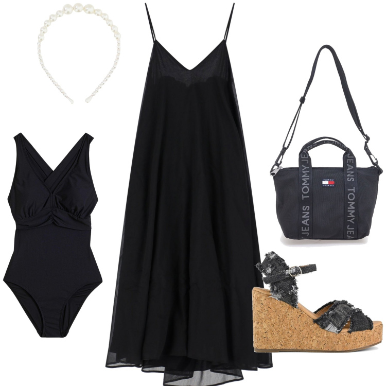 Outfit donna - My beach. Stile Basic per Mare. Abbinamento con costumi interi, vestiti midi/longuette, cerchietti, zeppe, borse a tracolla.