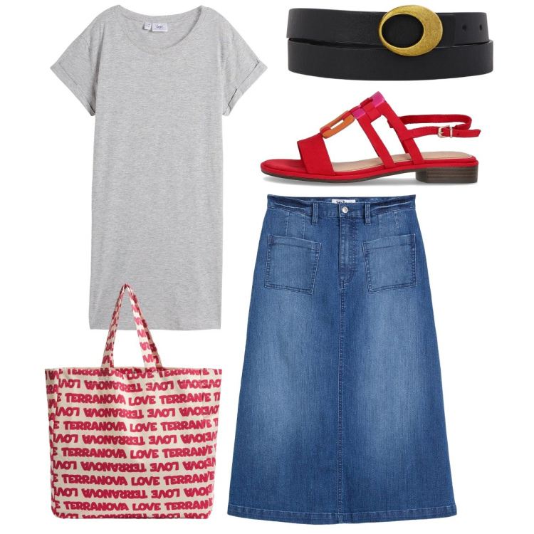 Outfit donna - Denim. Stile Bon Ton per Tutti i giorni. Abbinamento con gonne longuette, t-shirt, borse tote, sandali, cinture.