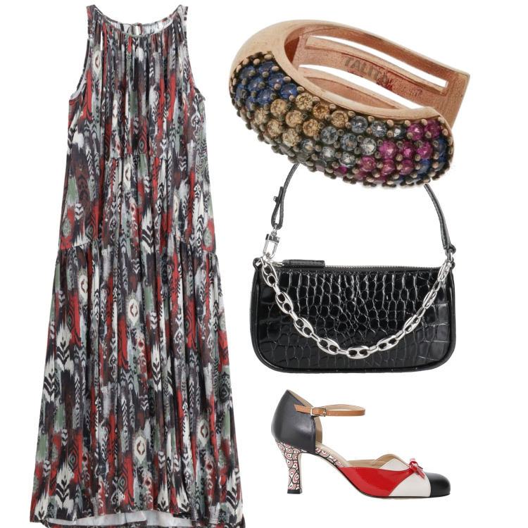 Outfit donna - Colorful evening. Stile Trendy per Serata fuori. Abbinamento con borse a mano, vestiti lunghi, décolleté, orecchini.