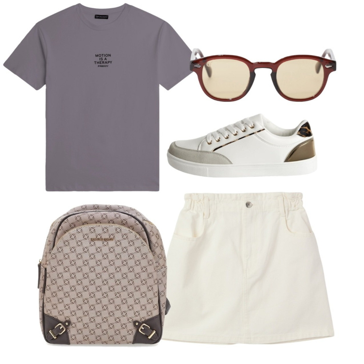 Outfit donna - Tennis club. Stile Sporty chic per Sport. Abbinamento con sneakers, minigonne, occhiali da sole, t-shirt, zaini.