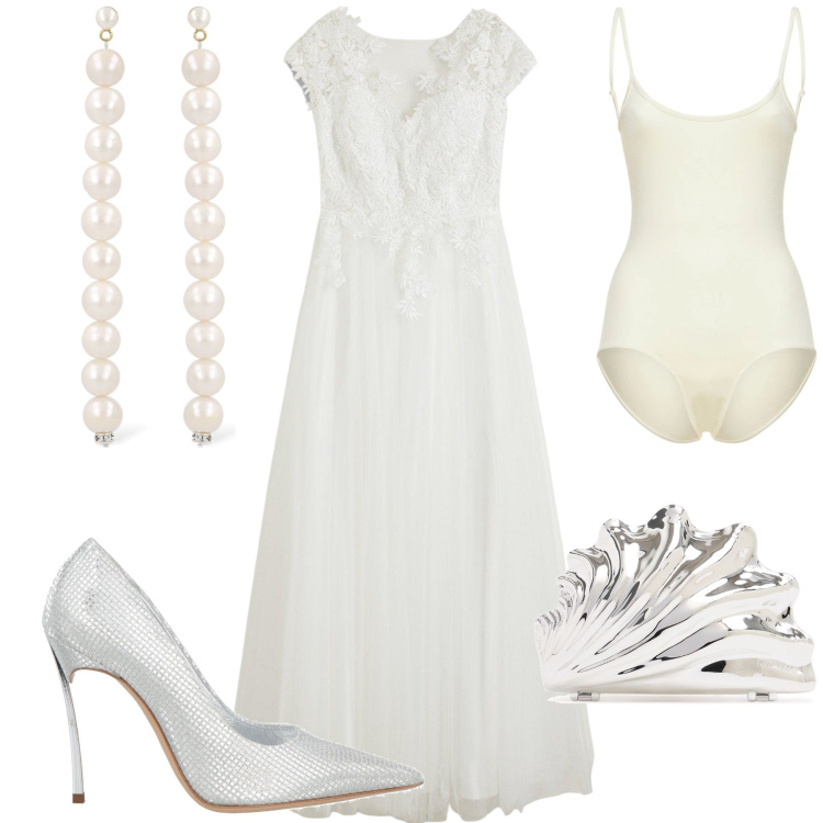 Outfit donna - Bride on the beach. Stile Glamour per Cerimonia. Abbinamento con vestiti, décolleté, pochette, body, orecchini.