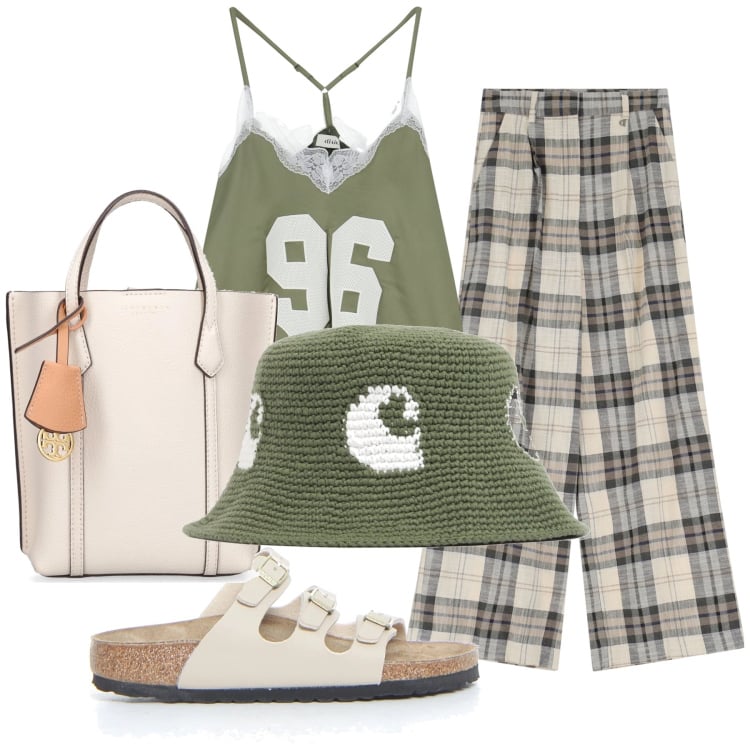 Outfit donna - Novantasei volte fresca. Stile Casual chic per Tutti i giorni. Abbinamento con pantaloni, top, borse a mano, cappelli, ciabatte.