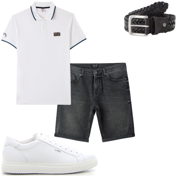 Outfit uomo - In città estiva. Stile Casual per Tutti i giorni. Abbinamento con polo, bermuda, cinture, sneakers.