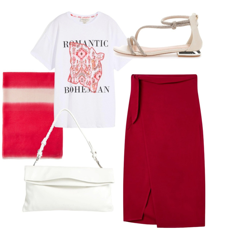 Outfit donna - Red. Stile Casual per Tutti i giorni. Abbinamento con t-shirt, borse a mano, gonne longuette, stole, sandali.