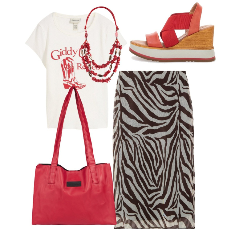Outfit donna - Zebra e rosso. Stile Chic per Tutti i giorni. Abbinamento con t-shirt, gonne lunghe, shopping bag, sandali, collane.