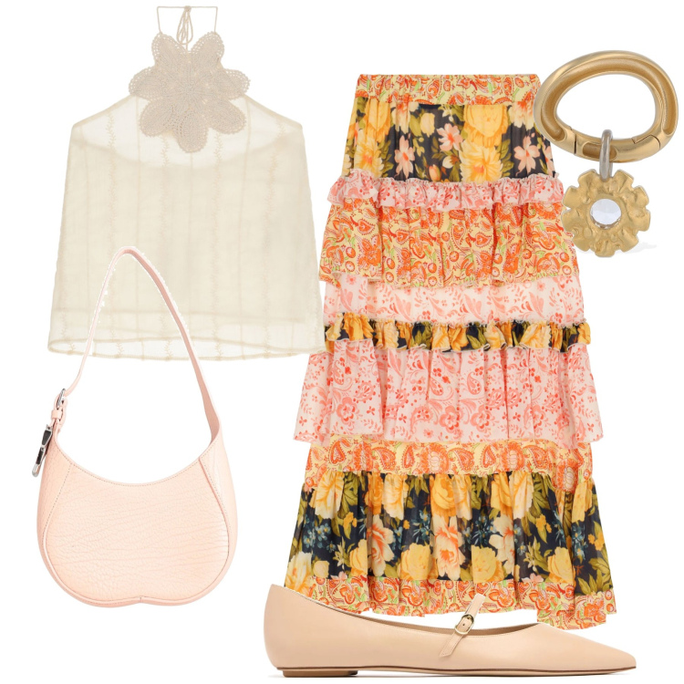 Outfit donna - Aperitivo tra i fiori. Stile Glamour per Serata fuori. Abbinamento con borse a spalla, gonne lunghe, top, orecchini, ballerine.