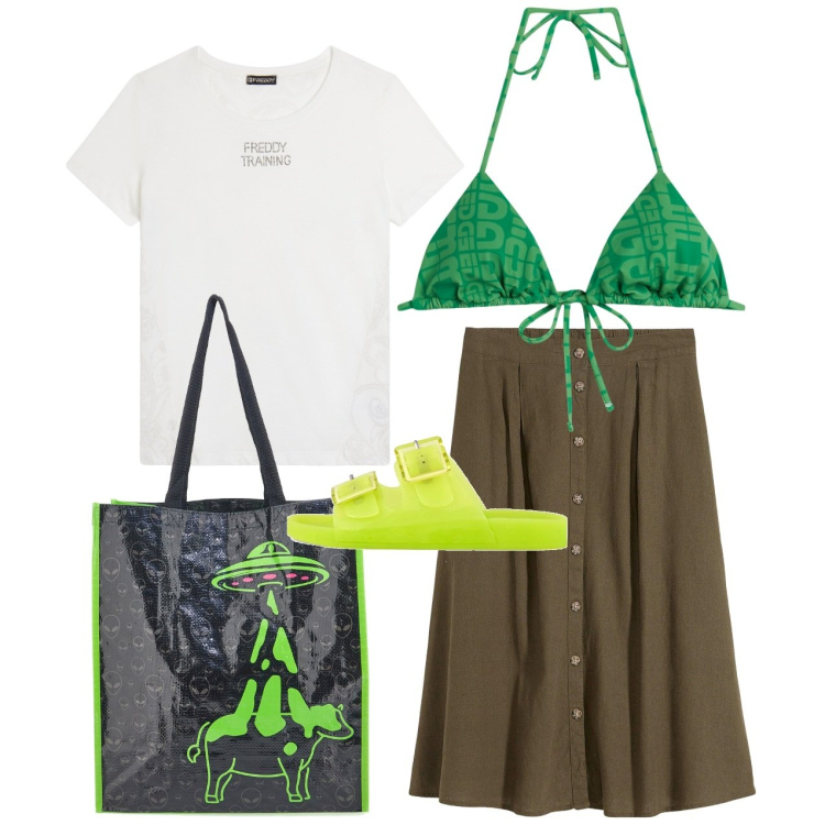 Outfit donna - Verde mare. Stile Casual per Mare. Abbinamento con gonne longuette, t-shirt, bikini, sandali, shopping bag.