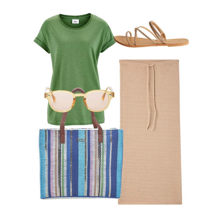 Outfit donna - Borsa super. Stile Bon Ton per Tutti i giorni. Abbinamento con t-shirt, gonne lunghe, sandali, occhiali da sole, shopping bag.