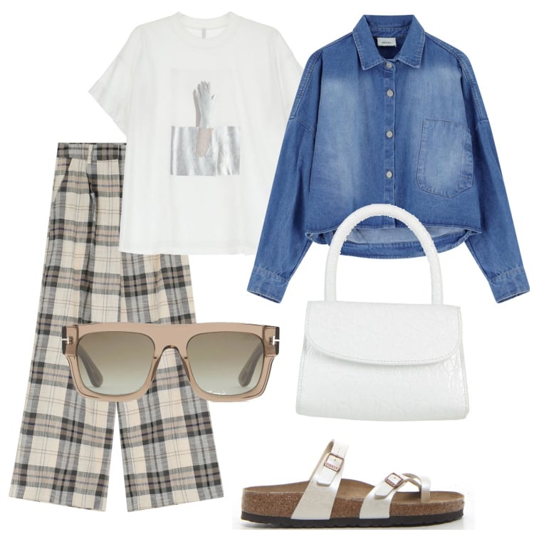 Outfit donna - Total look #2178945. Stile Casual chic per Tutti i giorni. Abbinamento con borse a mano, t-shirt, pantaloni, blazer, infradito, occhiali da sole.