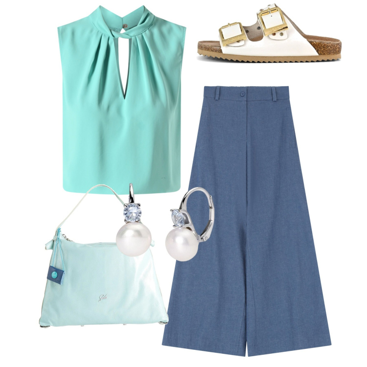 Outfit donna - Tocco glam. Stile Bon Ton per Tutti i giorni. Abbinamento con borse a mano, orecchini, top, jeans, sandali.
