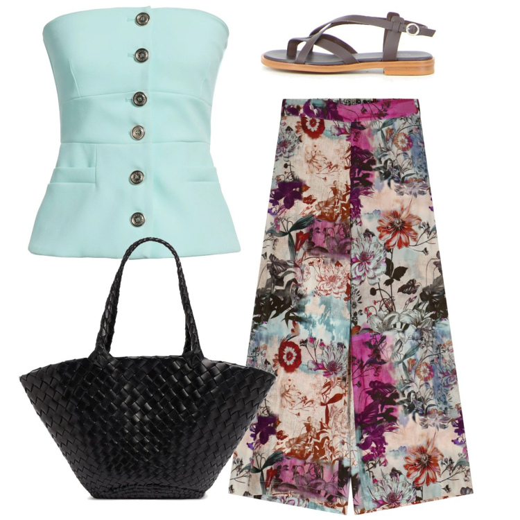 Outfit donna - Fiori e fiori. Stile Chic per Tutti i giorni. Abbinamento con top, pantaloni, shopping bag, sandali.