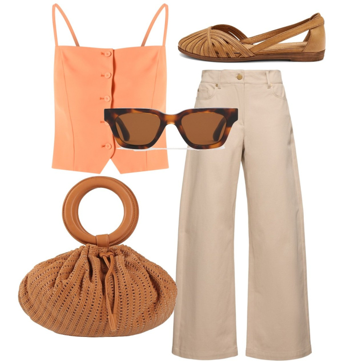 Outfit donna - Pesca. Stile Chic per Tutti i giorni. Abbinamento con borse a secchiello, canottiere, jeans, occhiali da sole, ballerine.