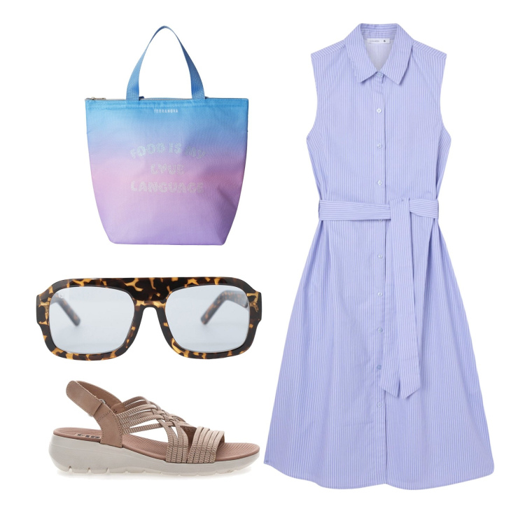 Outfit donna - Smanicato. Stile Bon Ton per Tutti i giorni. Abbinamento con vestiti chemisier, borse tote, occhiali da sole, sandali.