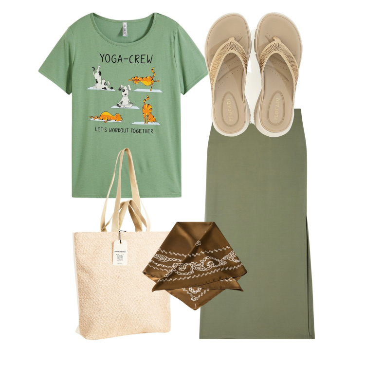 Outfit donna - Yoga crew. Stile Casual per Tutti i giorni. Abbinamento con t-shirt, gonne lunghe, borse tote, infradito, foulard.