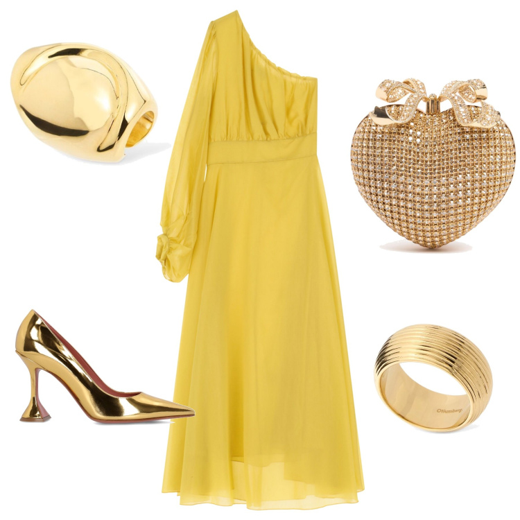 Outfit donna - Sotto il sole. Stile Glamour per Cerimonia. Abbinamento con vestiti lunghi, anelli, pochette, décolleté, orecchini.