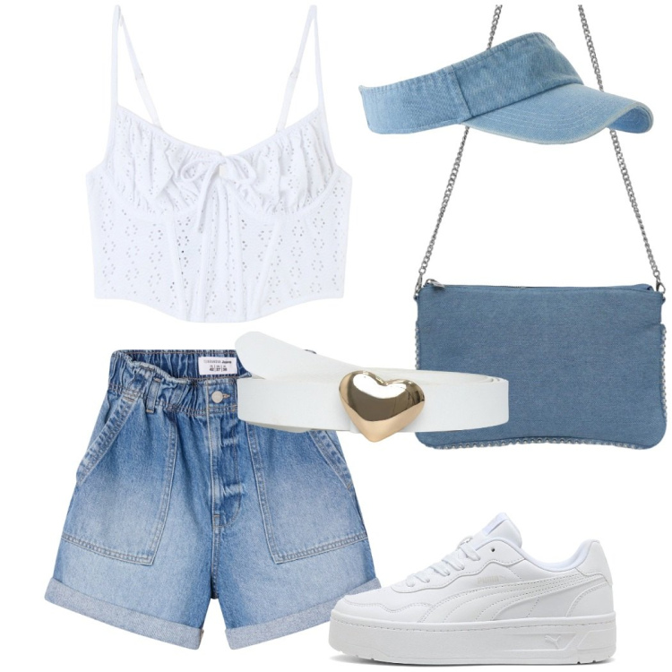 Outfit donna - Bianco e denim. Stile Casual per Tutti i giorni. Abbinamento con cappelli con visiera, shorts, top, cinture, borse a tracolla, sneakers.