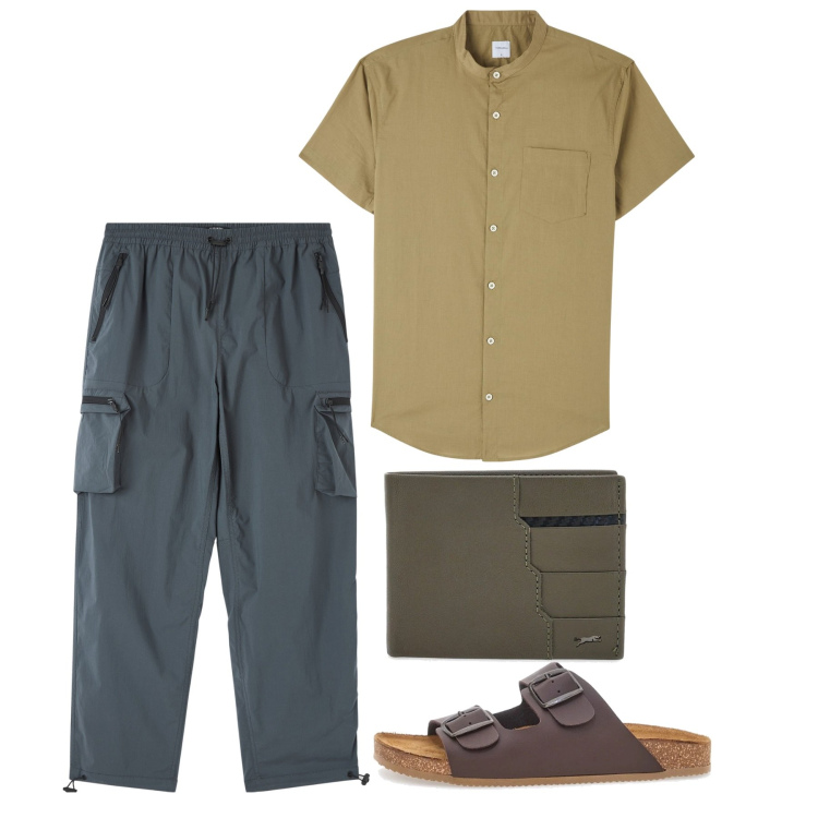 Outfit uomo - Giugno. Stile Casual per Tutti i giorni. Abbinamento con camicie a manica corta, pantaloni cargo, portafogli, sandali.
