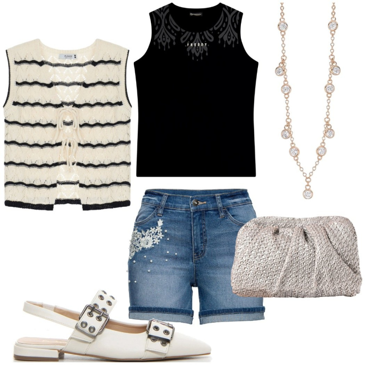 Outfit donna - Gilet e short ricamati per la sera. Stile Casual chic per Serata fuori. Abbinamento con shorts, top, collane, clutch, top sportivi, décolleté.