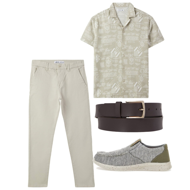 Outfit uomo - Giugno a mezze maniche. Stile Casual per Tutti i giorni. Abbinamento con pantaloni chino, camicie a manica corta, cinture, scarpe stringate.