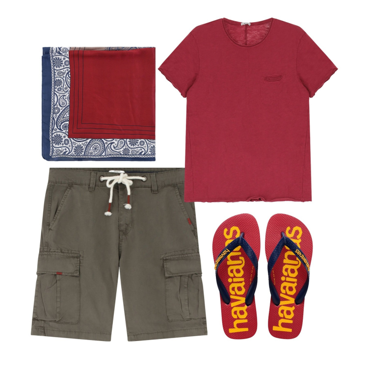 Outfit uomo - Giugno. Stile Casual per Tutti i giorni. Abbinamento con sciarpe e foulard, bermuda, t-shirt, sandali.