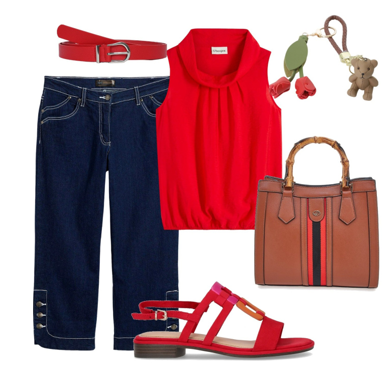 Outfit donna - Look tutti i giorni. Stile Casual per Tutti i giorni. Abbinamento con top, jeans, cinture, ciondoli, borse a tracolla, sandali.