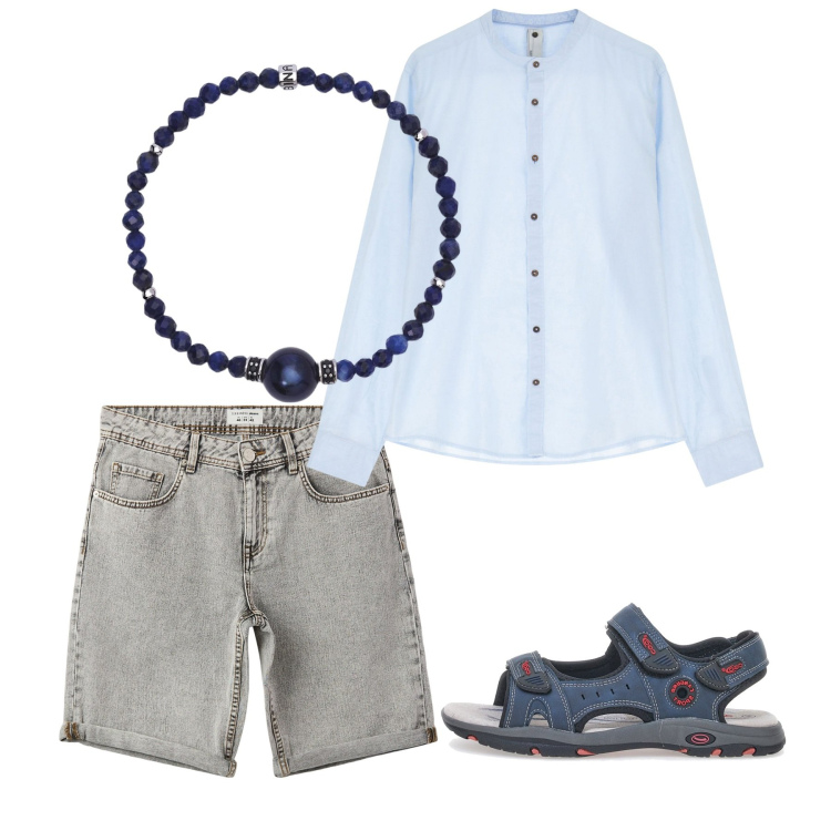 Outfit uomo - Le perline blu. Stile Casual per Tutti i giorni. Abbinamento con bermuda, braccialetti, camicie, sandali.