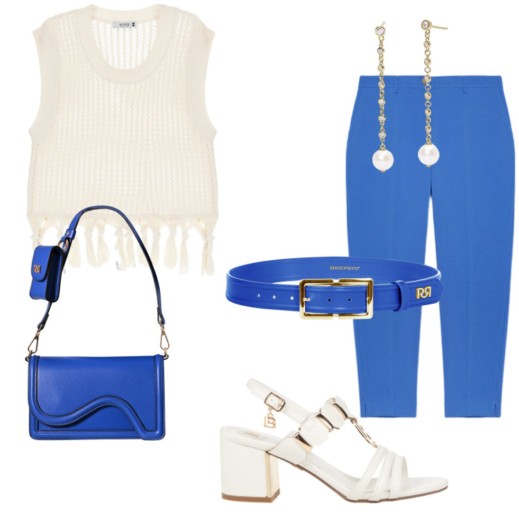 Outfit donna - Bluette. Stile Glamour per Ufficio. Abbinamento con sandali col tacco, orecchini, cinture, pochette, maglieria, pantaloni chino.